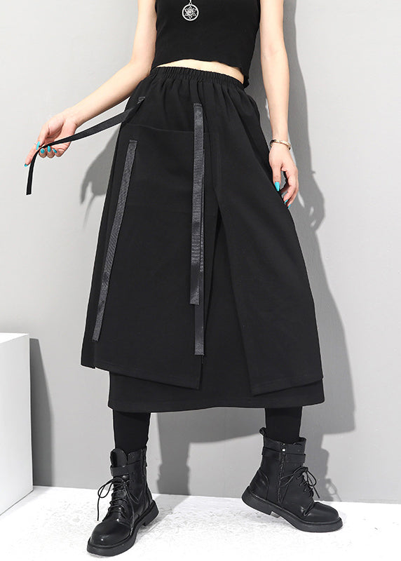 Women Black Asymmetrical Patchwork Pockets Elastic Waist Skirts Fall