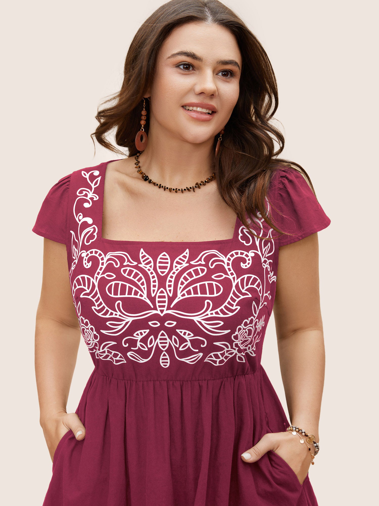 Square Neck Bandana Print Cap Sleeve Dress