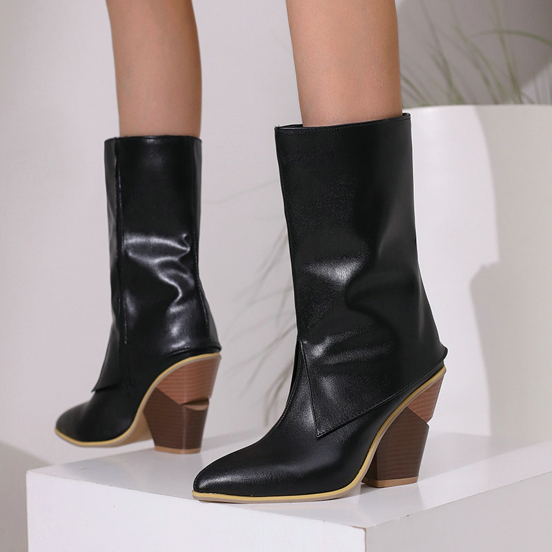 Snakeskin Print Zipper Fold Chunky Heels Western Boots