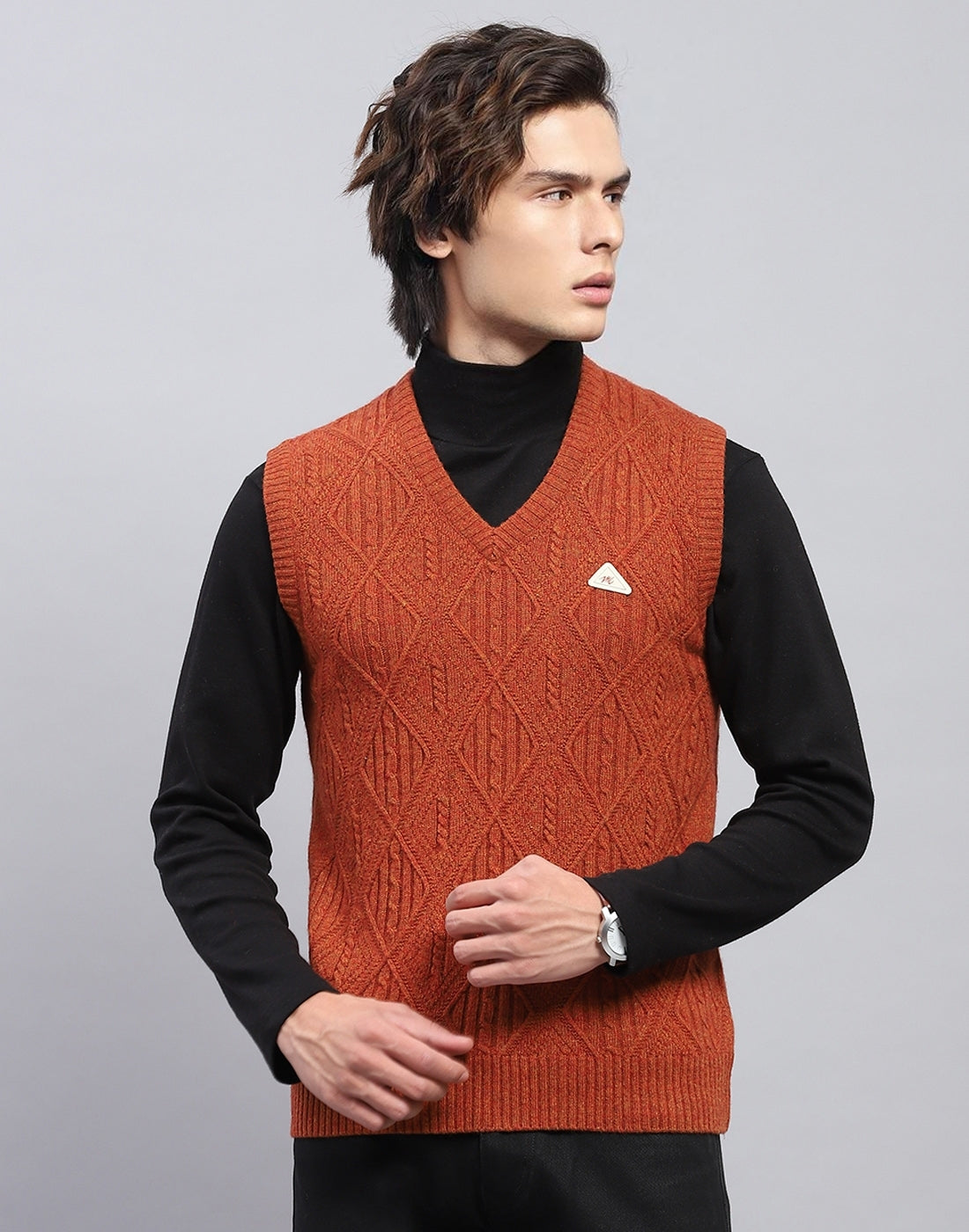 Men Rust Self Design V Neck Sleeveless Sweater