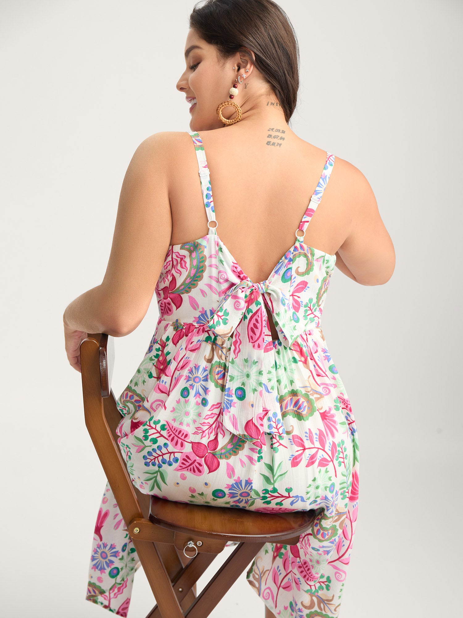 Backless Bow Paisley Print Cami Midi Dress