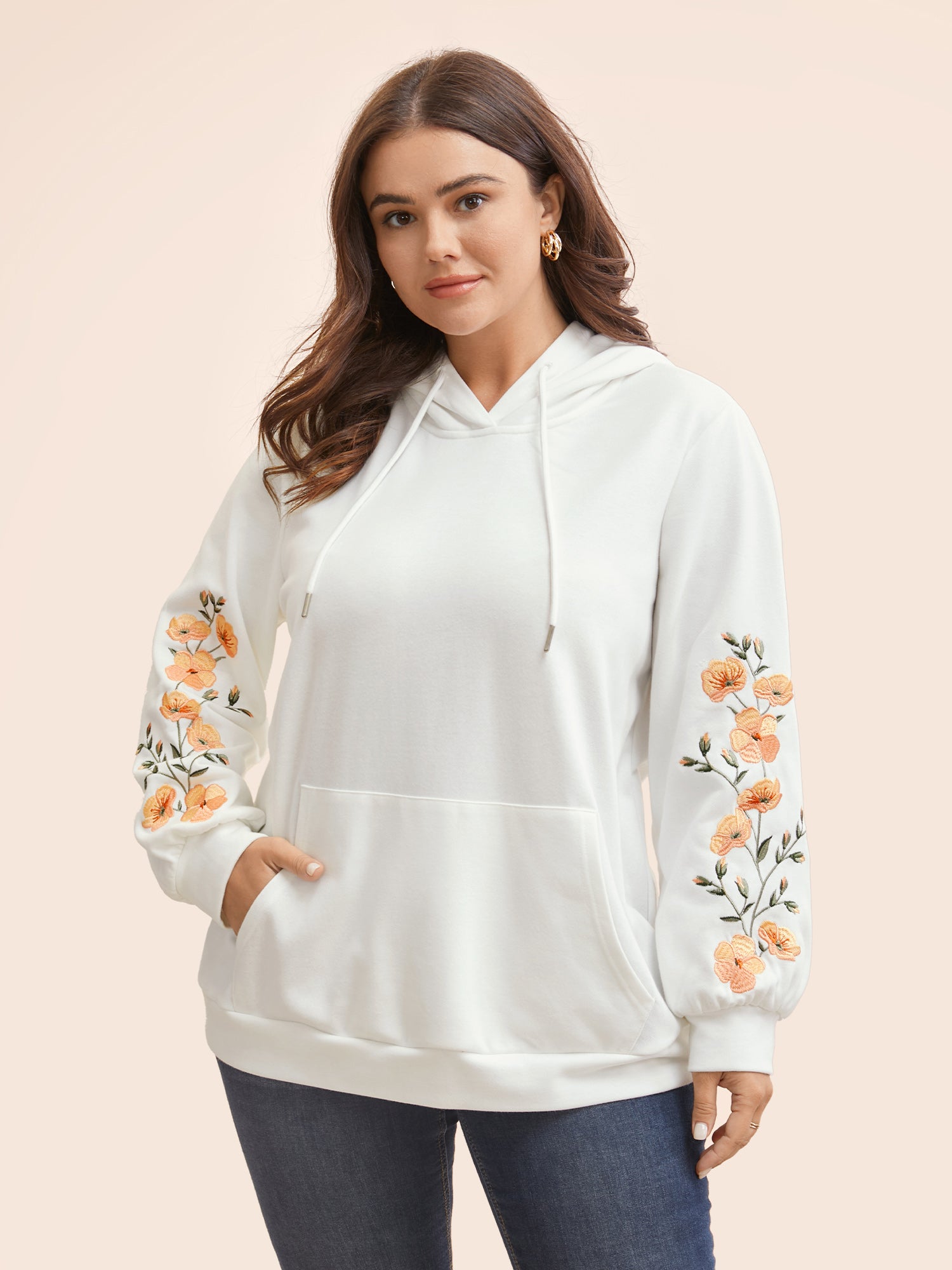 Floral Embroidered Hooded Drawstring Sweatshirt