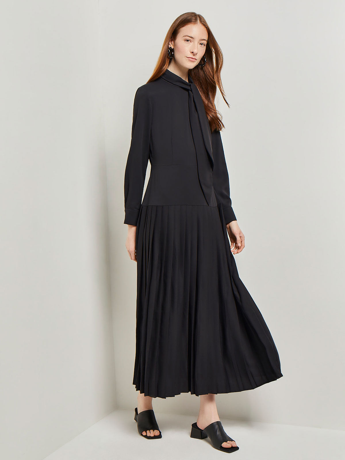 Tie Neck Pleated A-Line Maxi Dress, Black