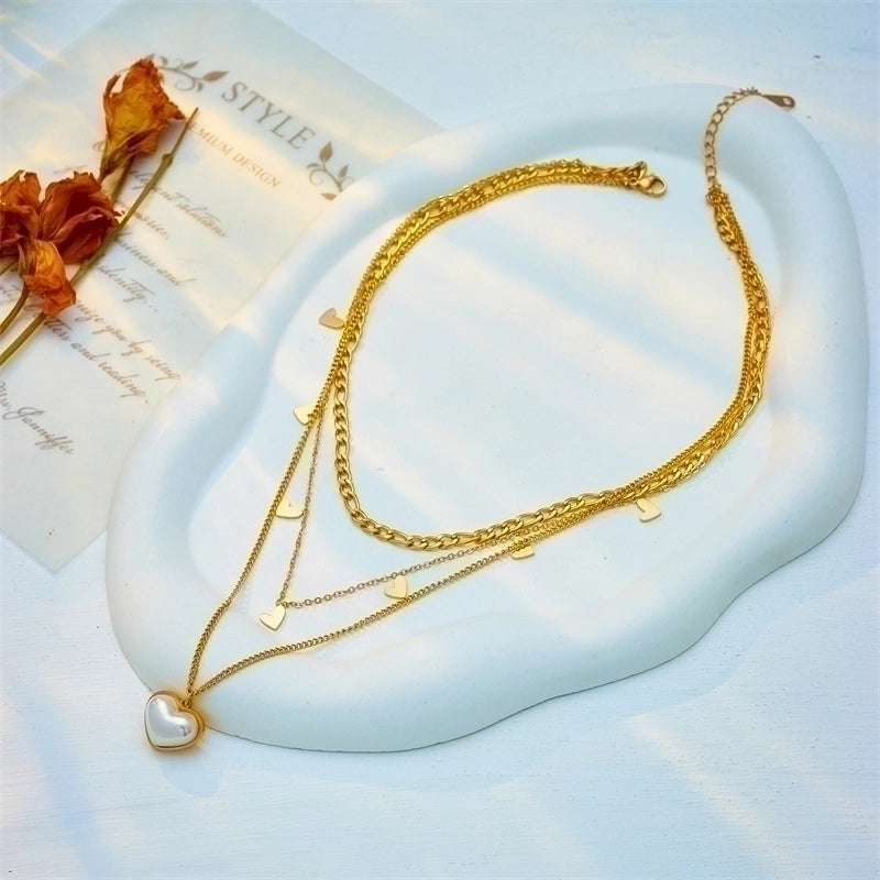 Minimalist Heart Shape 304 Stainless Steel Pearl 18K Gold Plated Plating Inlay Layered Necklaces
