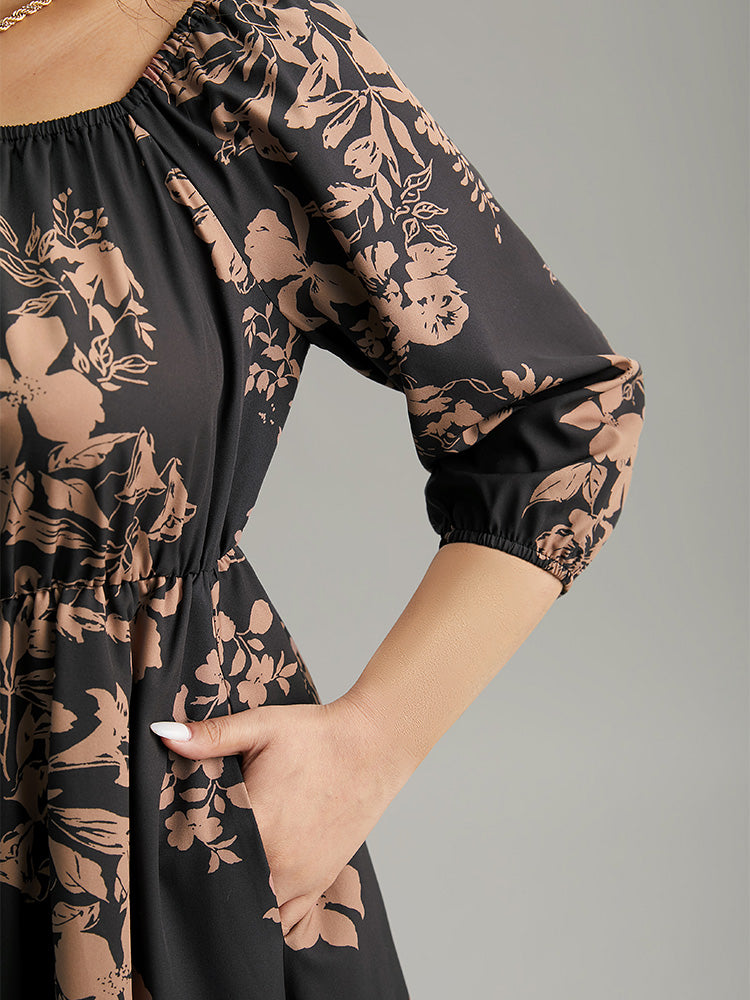 Silhouette Floral Print Elastic Cuffs Dress