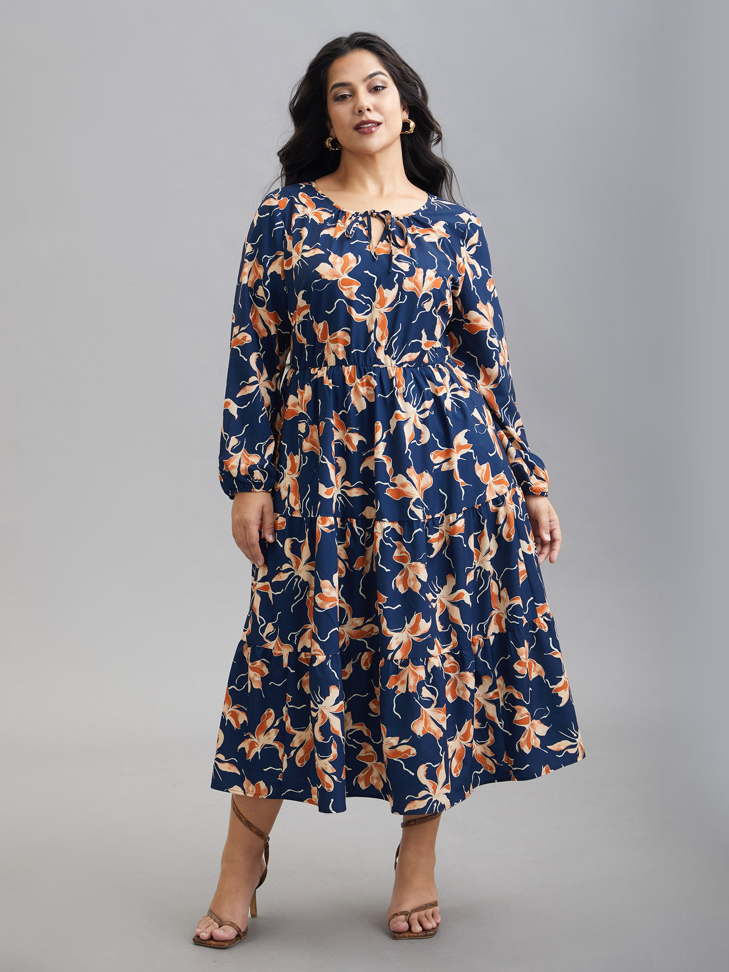 Tropical Flower Print Pockets Waist-Tie Midi Dress