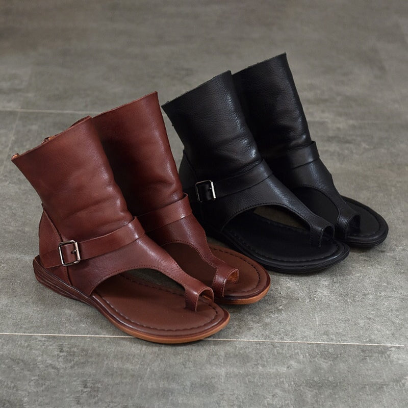 Leather Gladiator Toe Ring Flat Sandals Summer Roman Ankle Boots with Buckle & Back Zipper in Coffee/Black