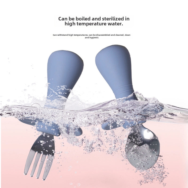 Baby Silicone Fork Spoon Children's Stainless Steel Training Short Fork Spoon Children's Tableware Set Portable Short Handle Fork Spoon