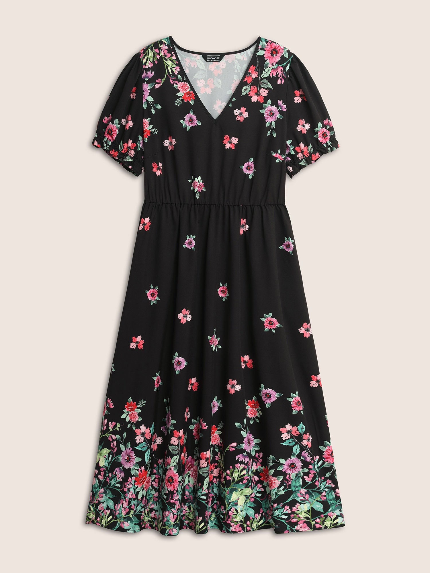 Boho Print V Neck Elastic Waist Dress
