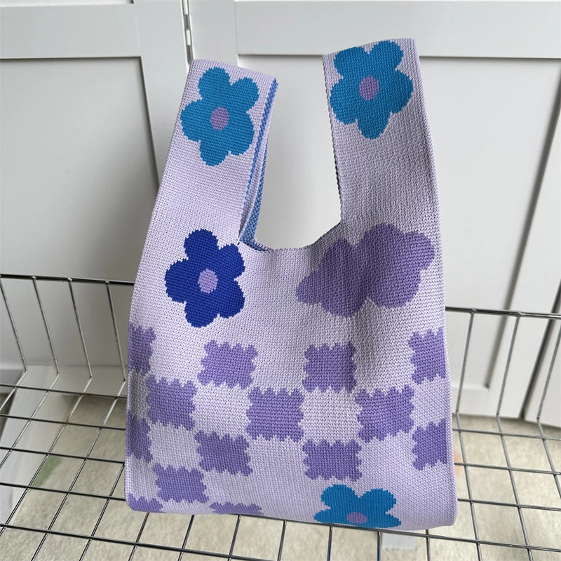 Women's Small Knit Printing Lattice Flower Elegant Classic Style Square Open Handbag