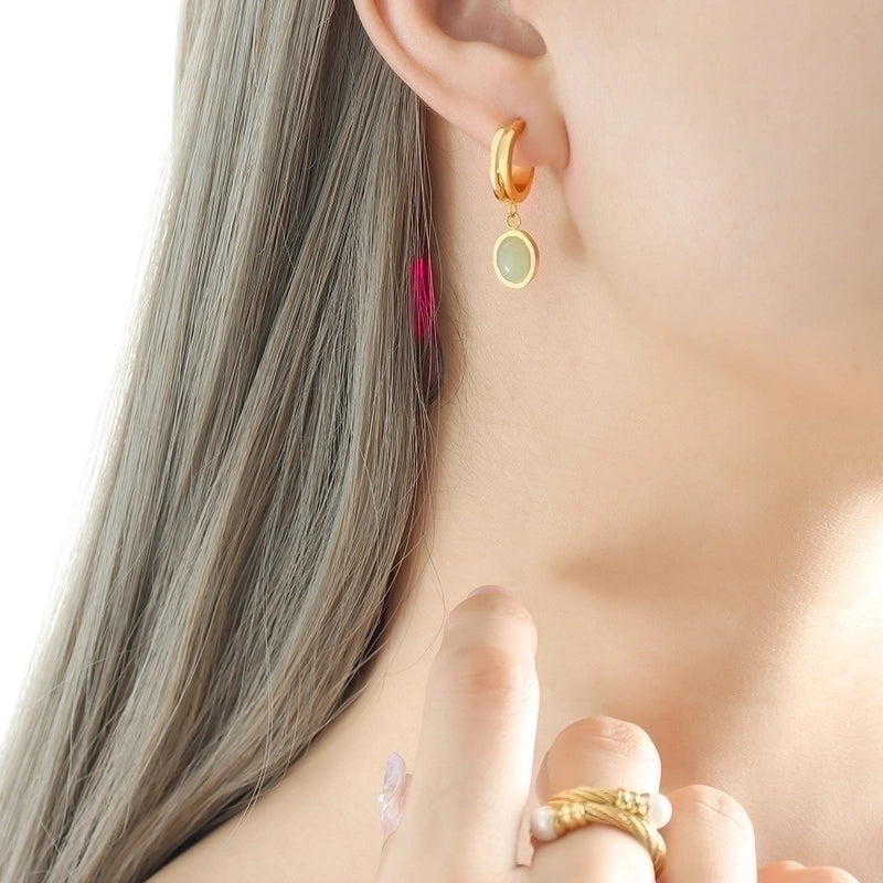 Elegant Oval 304 Stainless Steel Natural Stone 18K Gold Plated Inlay Earrings Necklace