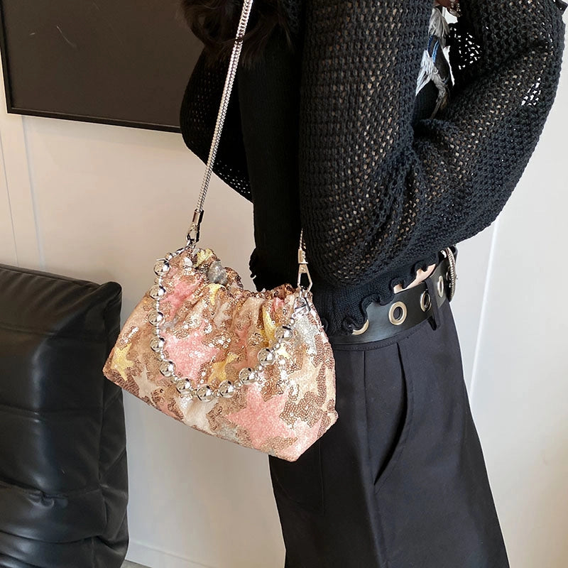 Women's Medium Pu Leather Flower Classic Style Sequins Bucket Magnetic Buckle Crossbody Bag