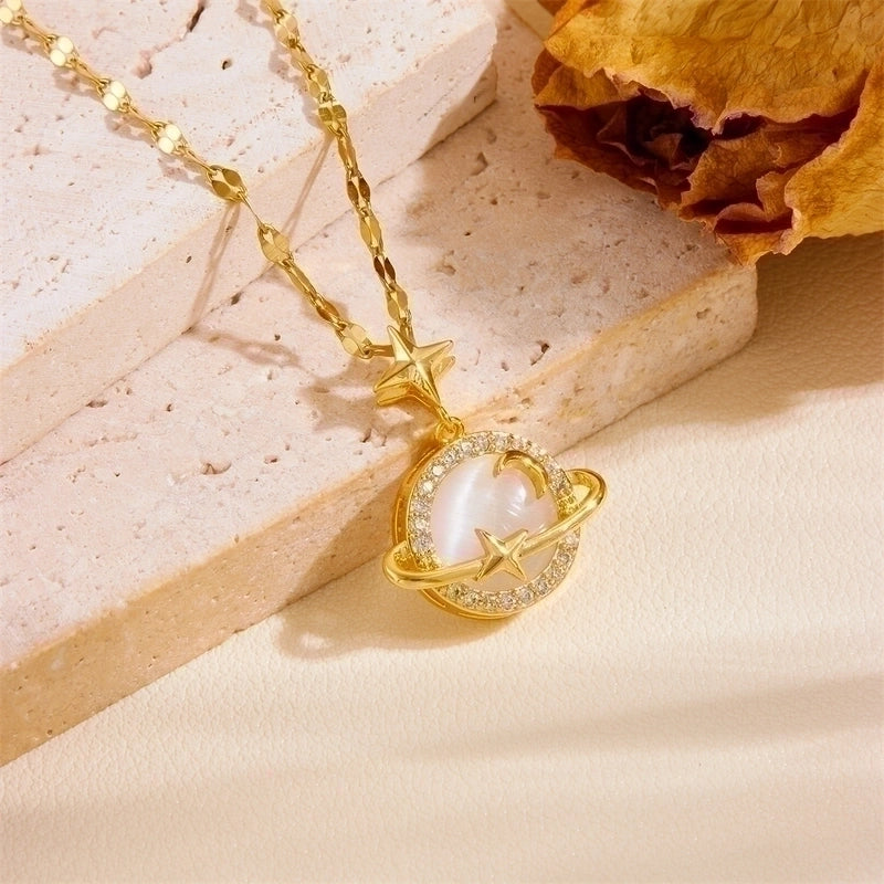 Titanium Steel 18K Gold Plated Vintage Style Plating Moon Acrylic Rhinestones Pendant Necklace