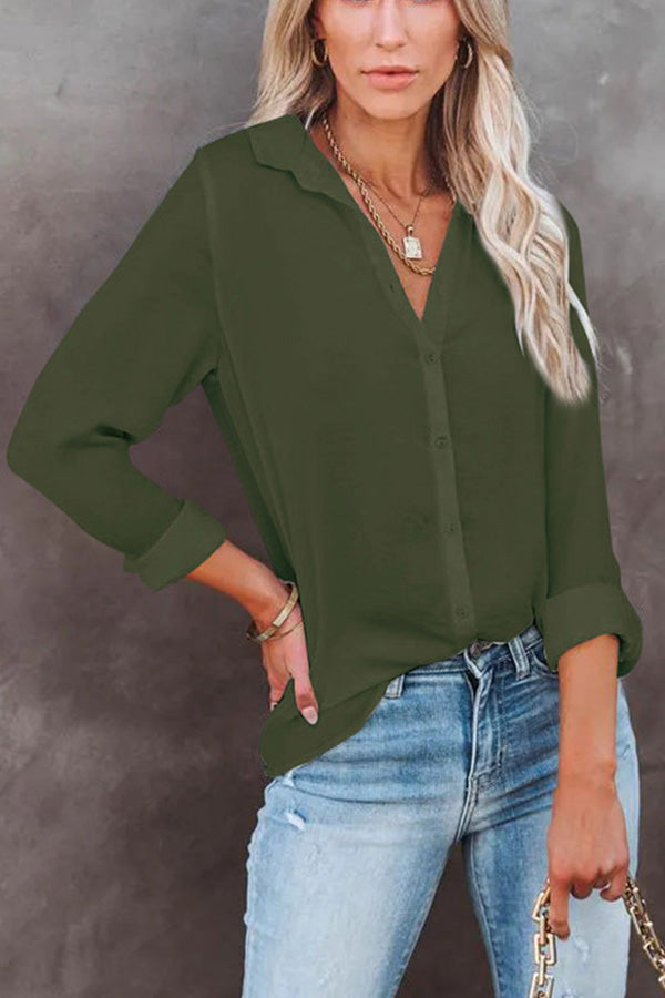 Casual Loose Long Sleeve Button V Neck Shirt Top