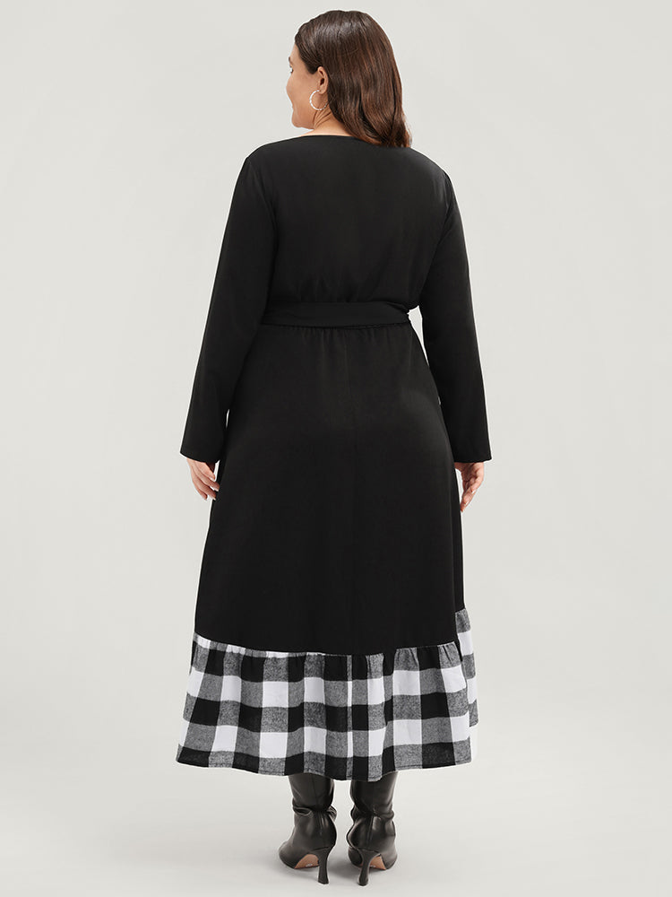 Plaid Patchwork Pocket Belted Asymmetrical Hem Dress