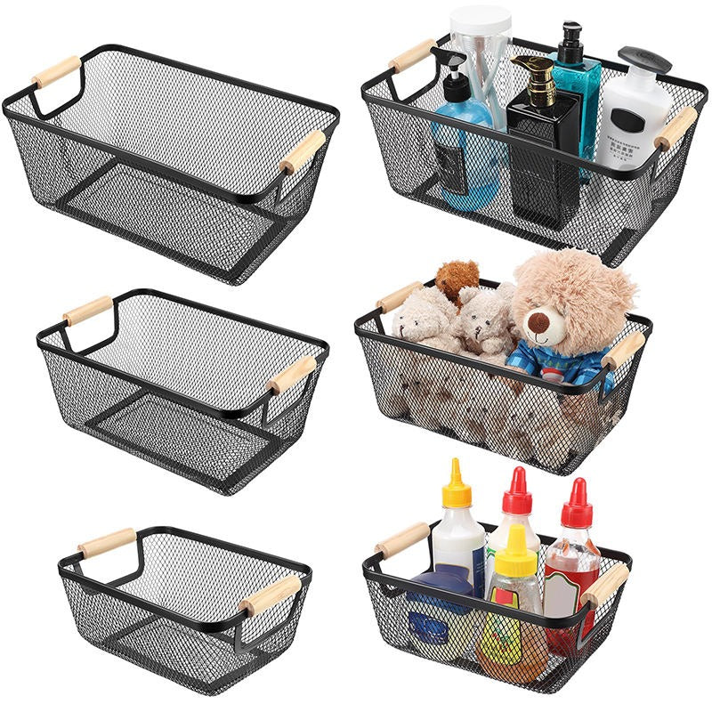 Steel Mesh Storage Organizer Basket. Multifunctional Metal Wire Hanging Kitchen Baskets. Fruit Basket with Wooden Handle. Ideal for Kitchen. Bathroom. Pantry. Cabinet. Home