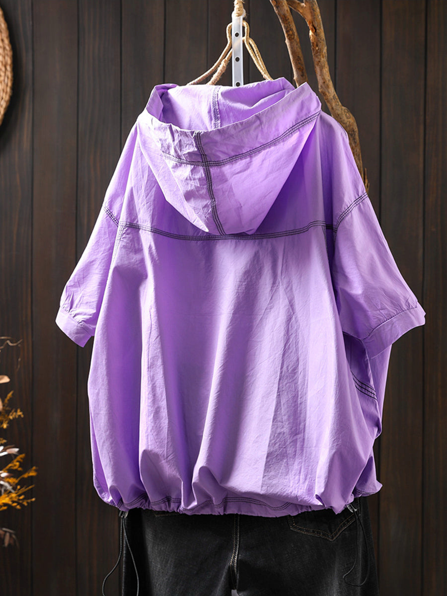 Women Summer Artsy Drawstring Hooded Cotton Shirt