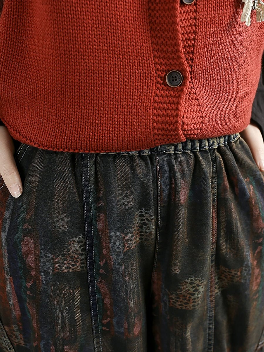 Women Spring Retro Print Spliced Denim Harem Pants