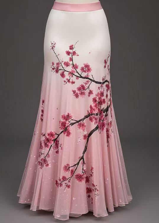 Art Pink Print High Waist Tulle Skirts Summer