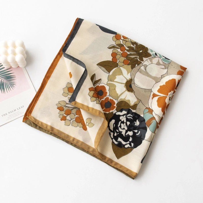 Women's Retro Plaid Flower Satin Silk Scarf