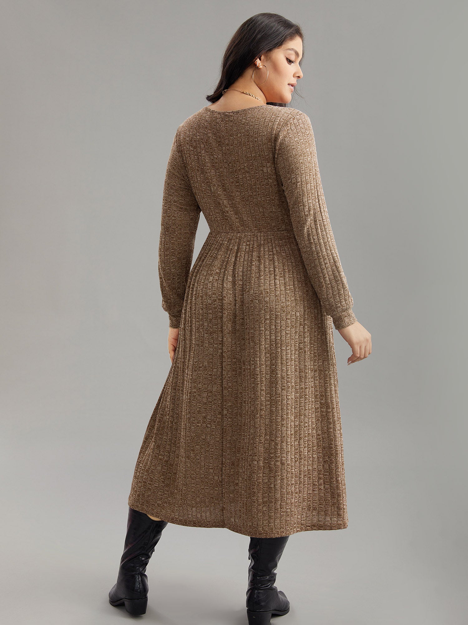 Rib Knit Plain Plisse Long Sleeve Dress