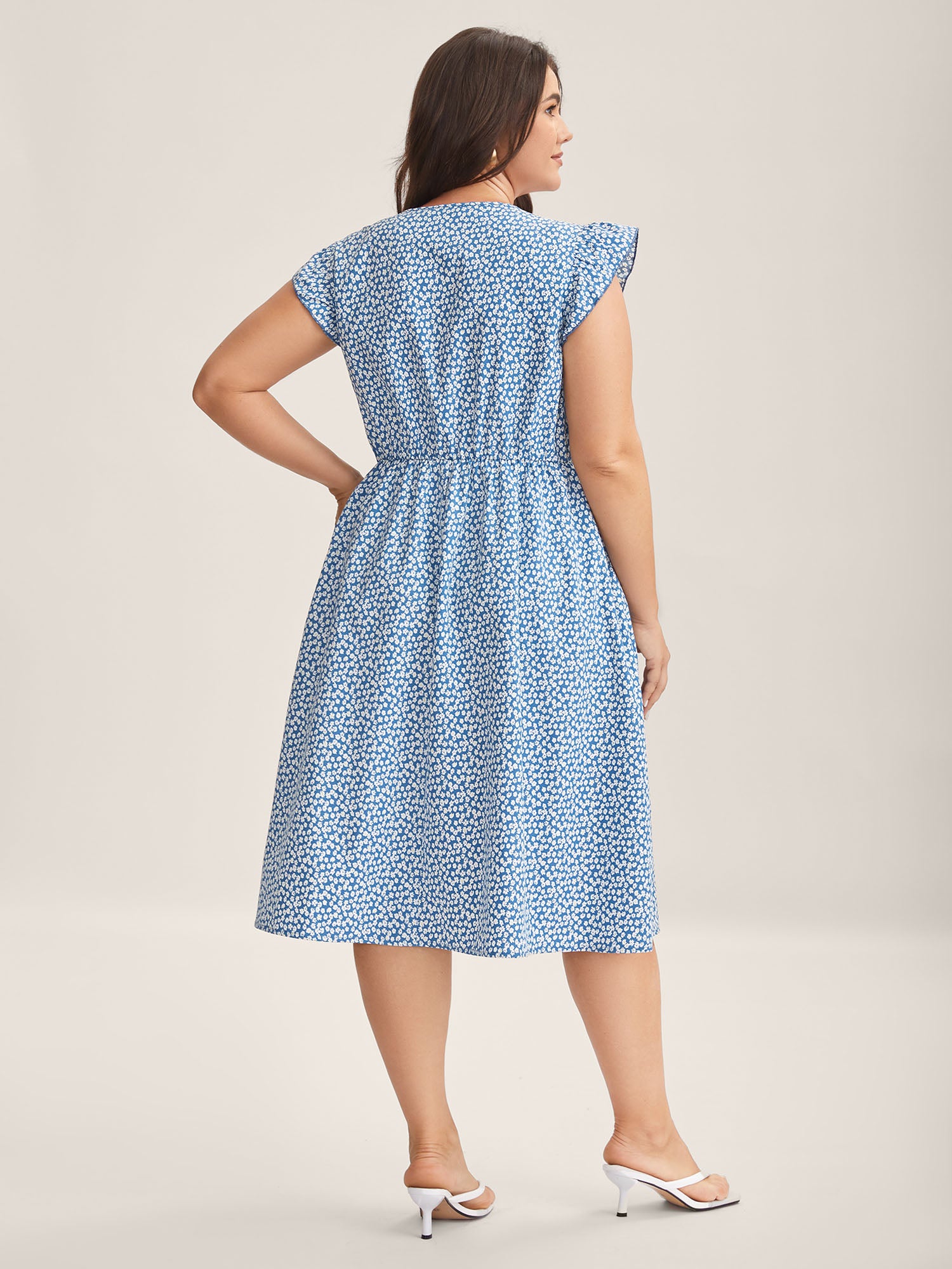 Floral Print Ruffled Neck Midi Dress