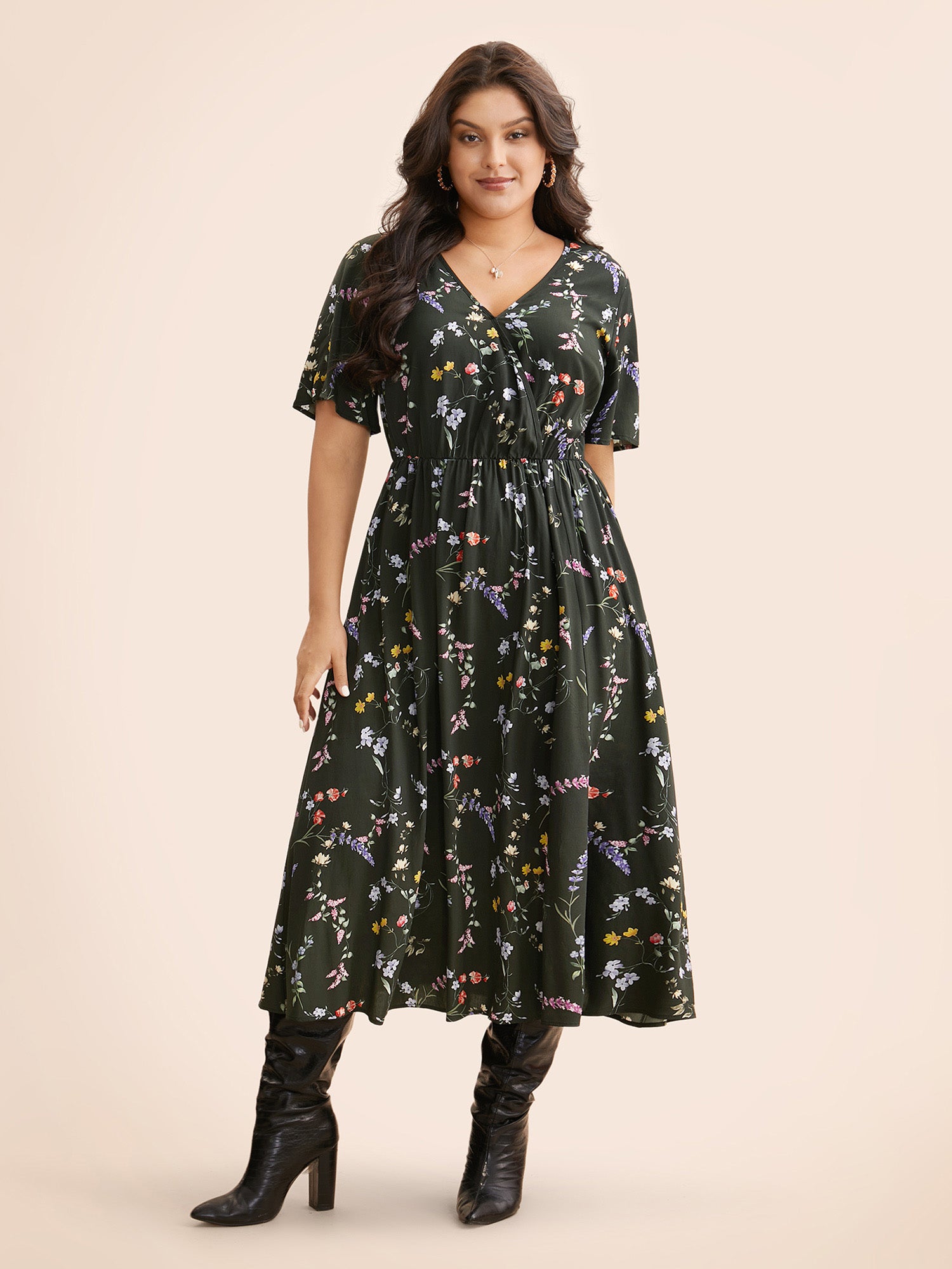 Floral Wrap Ruffle Sleeve Dress