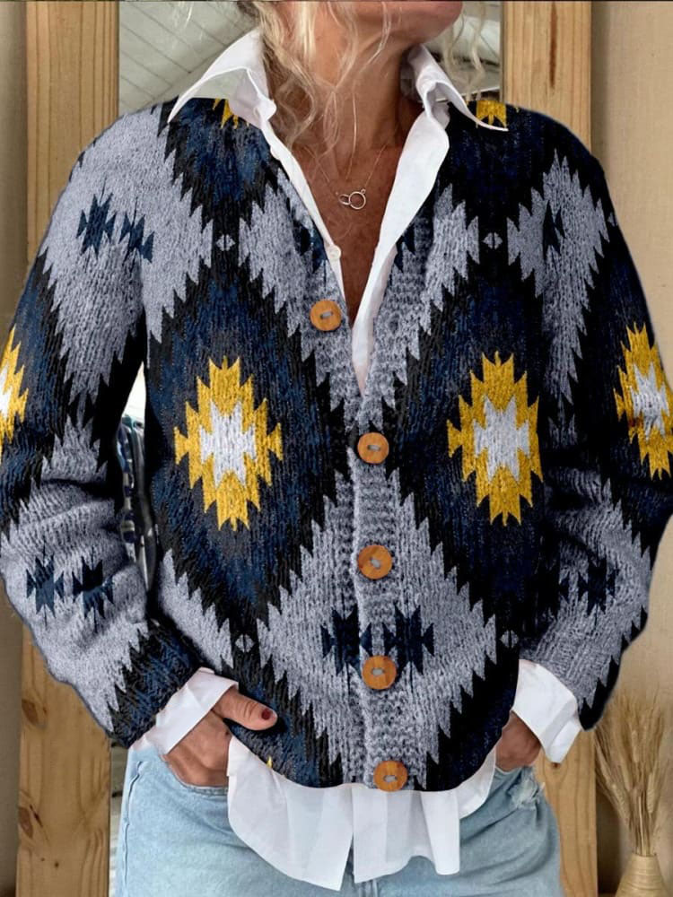 Retro Azite Print Buttoned Sweater Cardigan