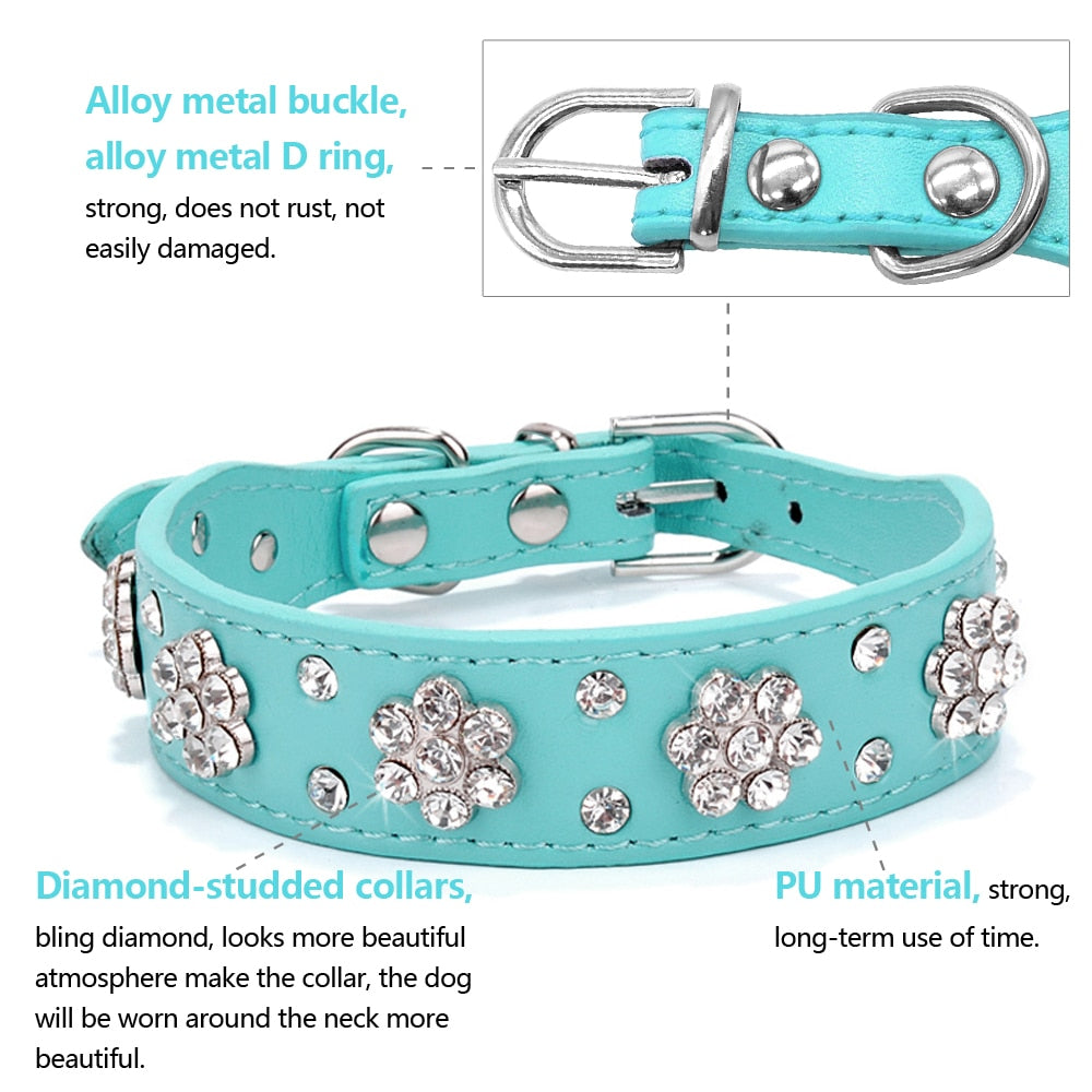 Flower Studded Leather Dog Collar