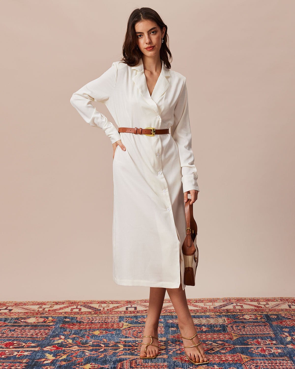 The Beige Lapel Long Sleeve Shirt Midi Dress