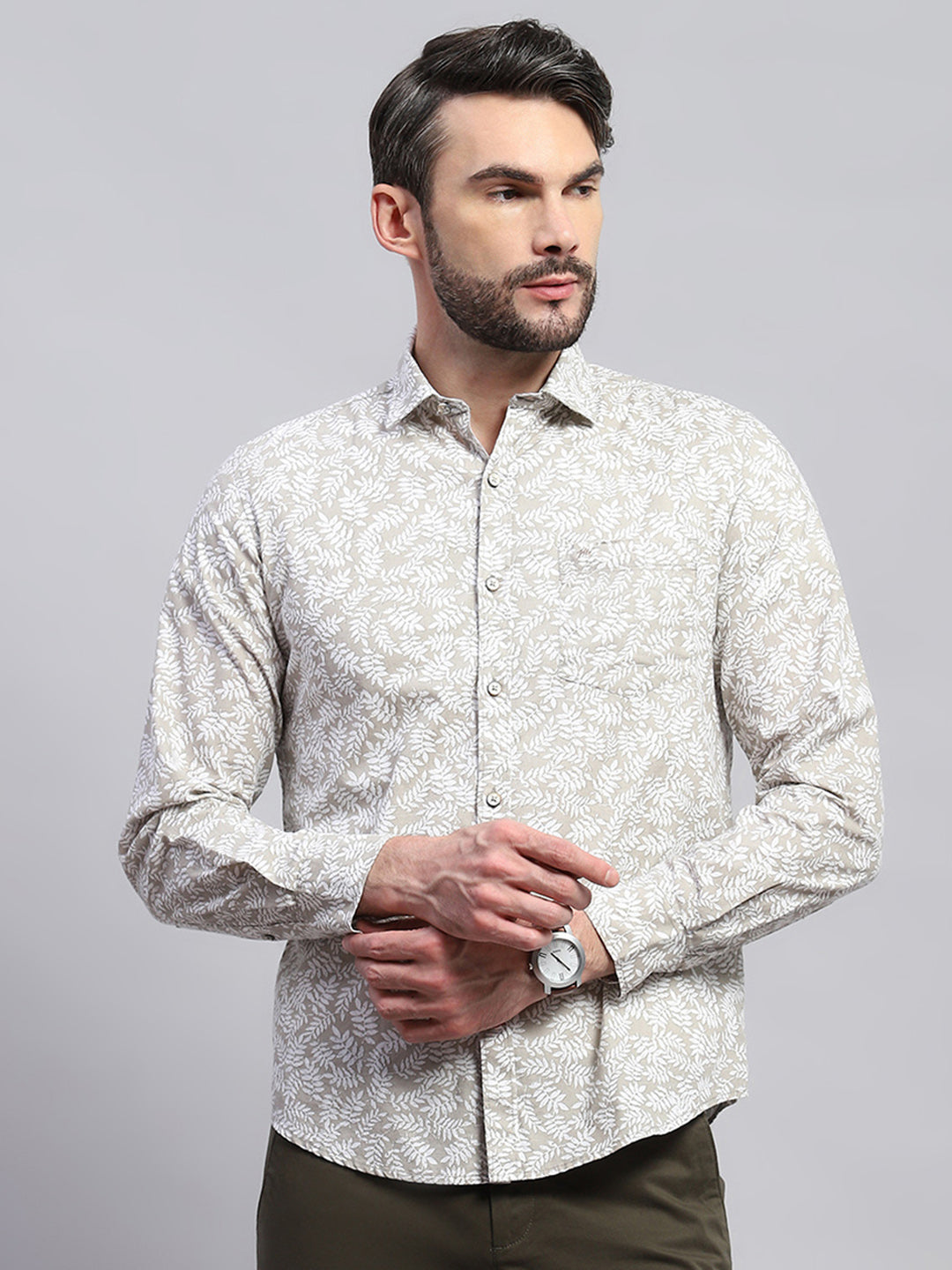 Men Brown Printed Collar Full Sleeve Shirt