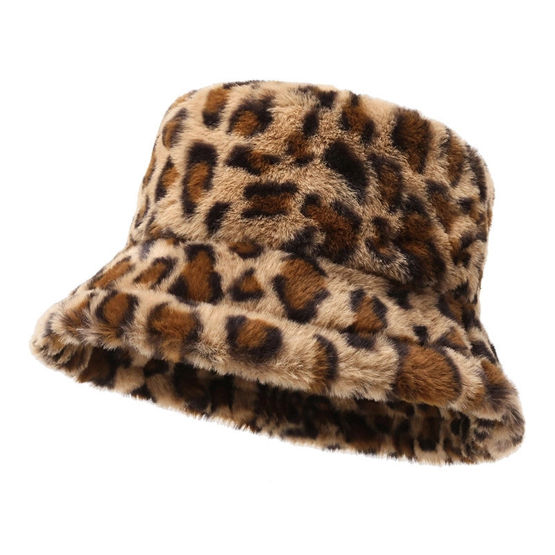 Hat Women's Winter Face-looking Leopard Print Fisherman Hat Women's Warm Basin Hat Plush Bucket Hat