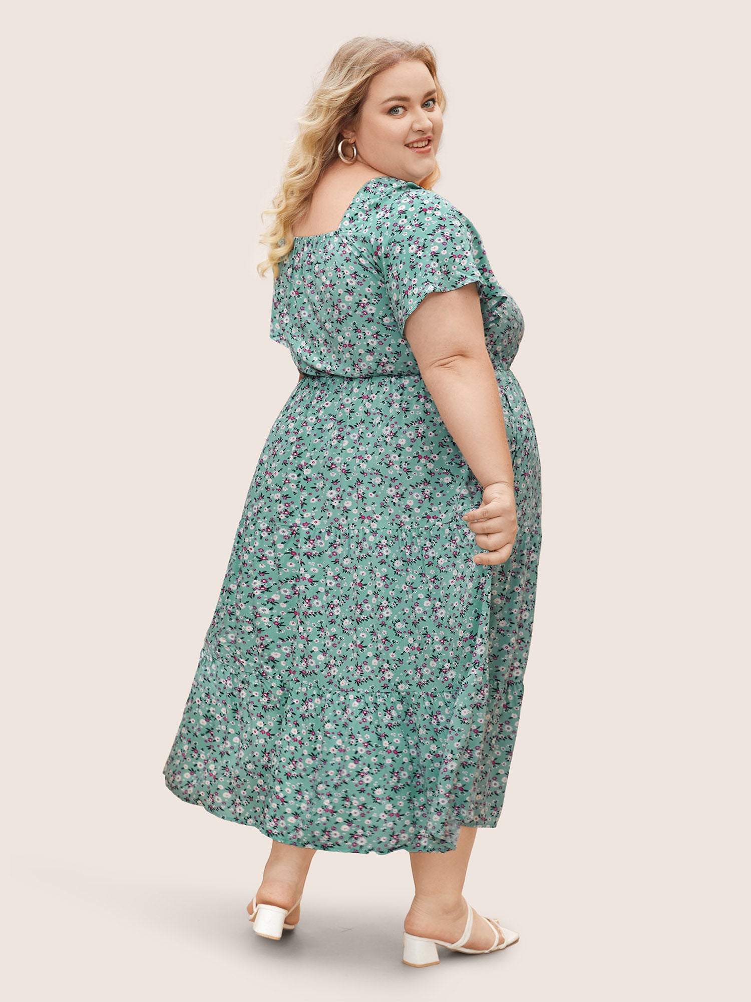 Ditsy Floral Drawstring Ruched Pocket Ruffle Tiered Dress