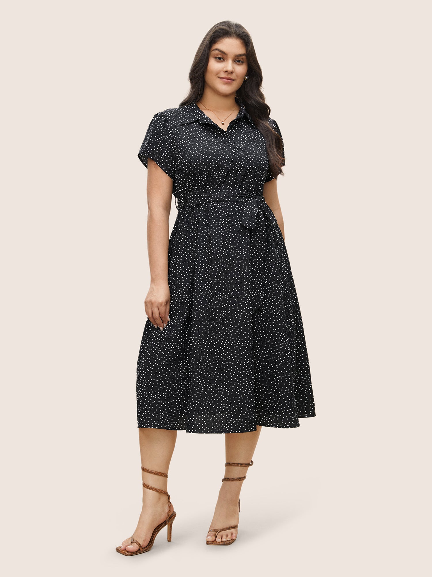 Polka Dot Shirt Collar Pocket Button Up Dress