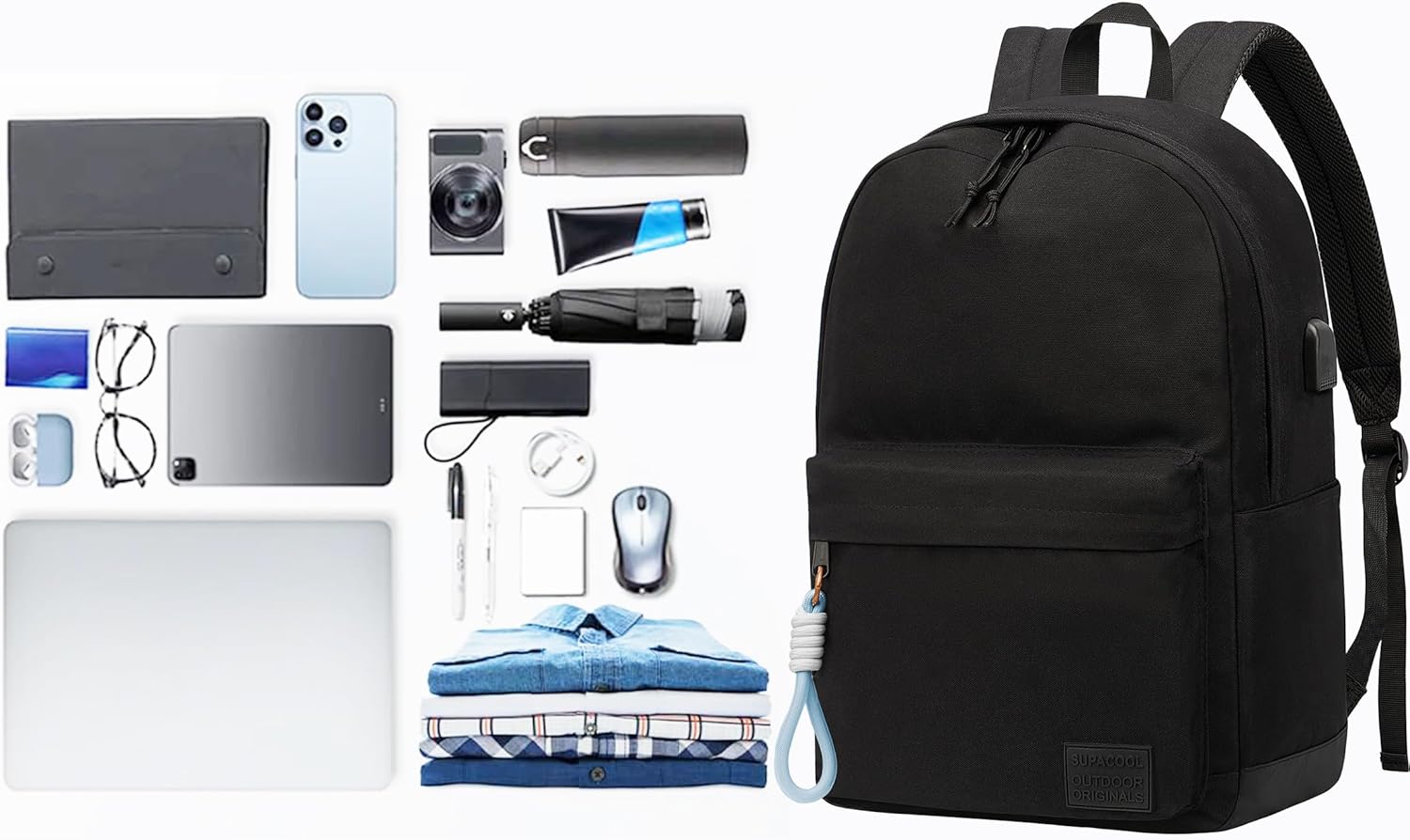 SUPACOOL Casual Laptop Backpack for Men and Women, School Backpack for Boys and Girls, College Bookbag, USB Charging Port, Lightweight Back Pack(Black)