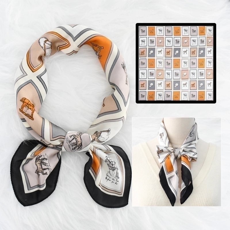 2 Pieces Women's Elegant Plaid Flower Horse Satin Silk Scarf