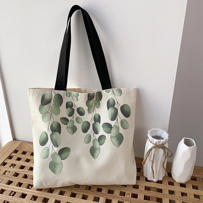 Women's Large Canvas Leaves Basic Zipper Canvas Bag