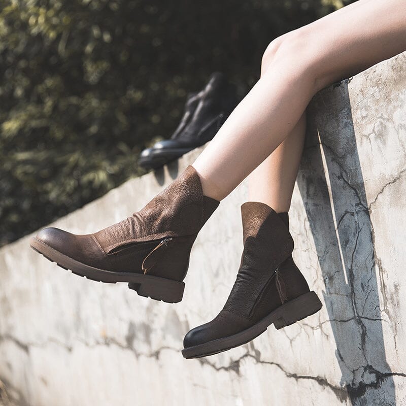 Leather Zip Boots Retro Riding Boots Women Chunky Wrinkled Ankle Boots Black/Coffee
