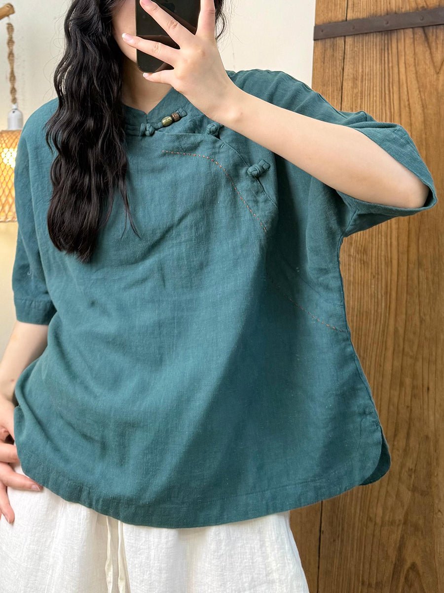 Women Summer Ethnic Pure Color Stand Collar Linen Shirt