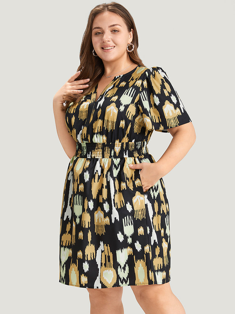 Graphic Print Notched Shirred Pocket Puff Sleeve Dress