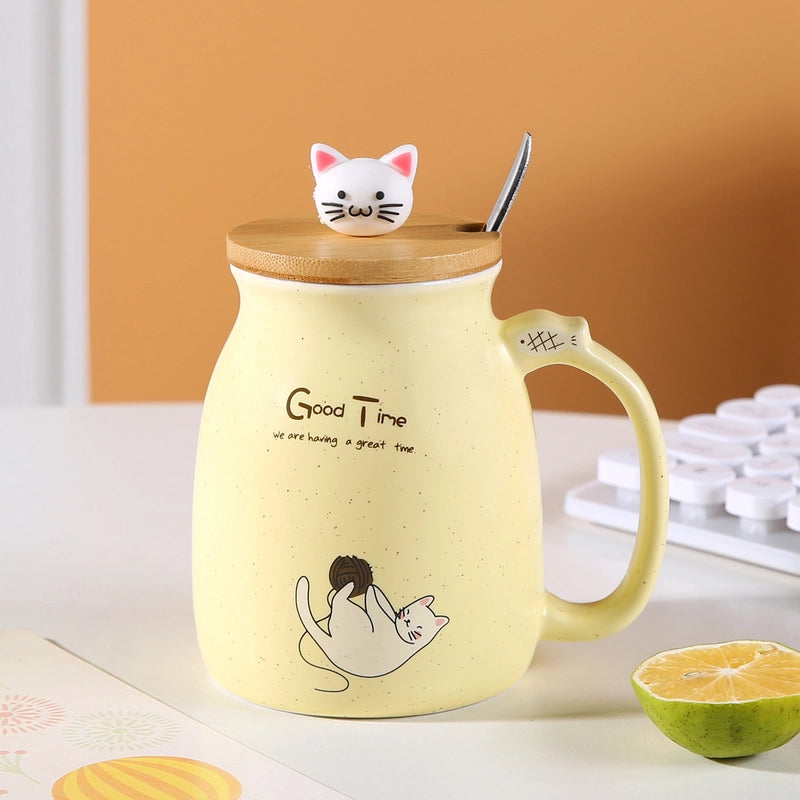 Cartoon Couple Cute Cat Ceramic Water Cup Super Cute Cat Lid Spoon Coffee Cup Breakfast Milk Gift Mug