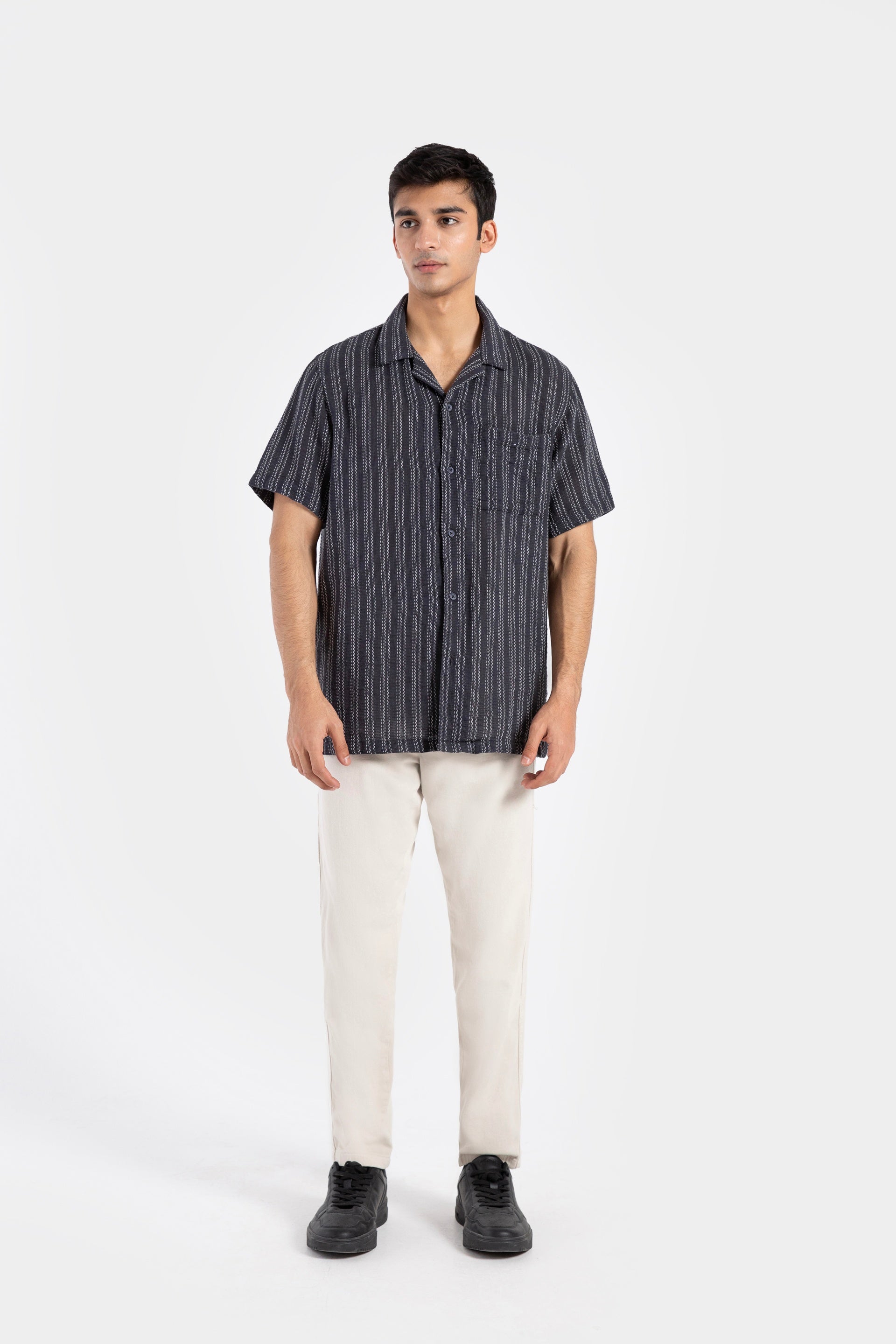 Textured Striped Resort Collar Shirt