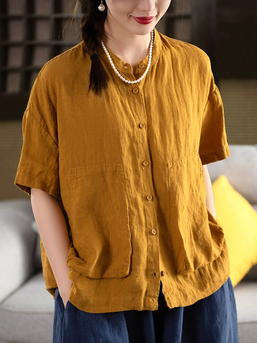 Women Summer Pure Color Stand Collar 100%Linen Shirt