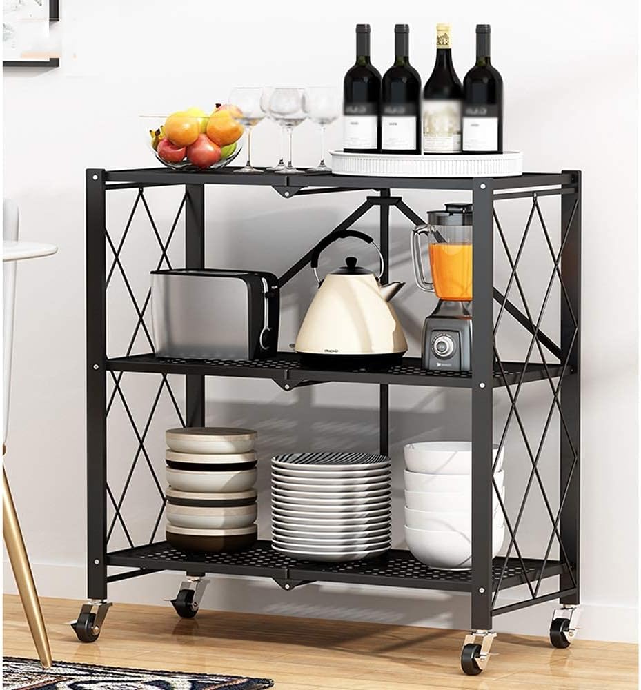 3 Layer Foldable Trolley Rack. Foldable Kitchen Storage Rack 3 Tier