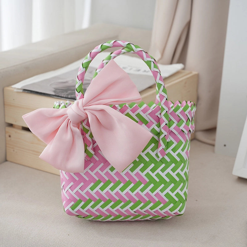 Women's Small PVC Stripe Bow Knot Cute Weave Square Open Handbag