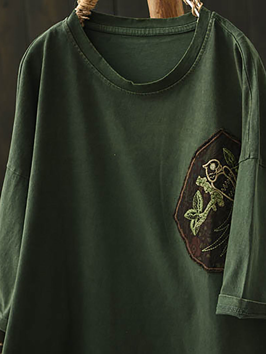 Women Summer Retro Embroidery O-Neck Cotton Shirt