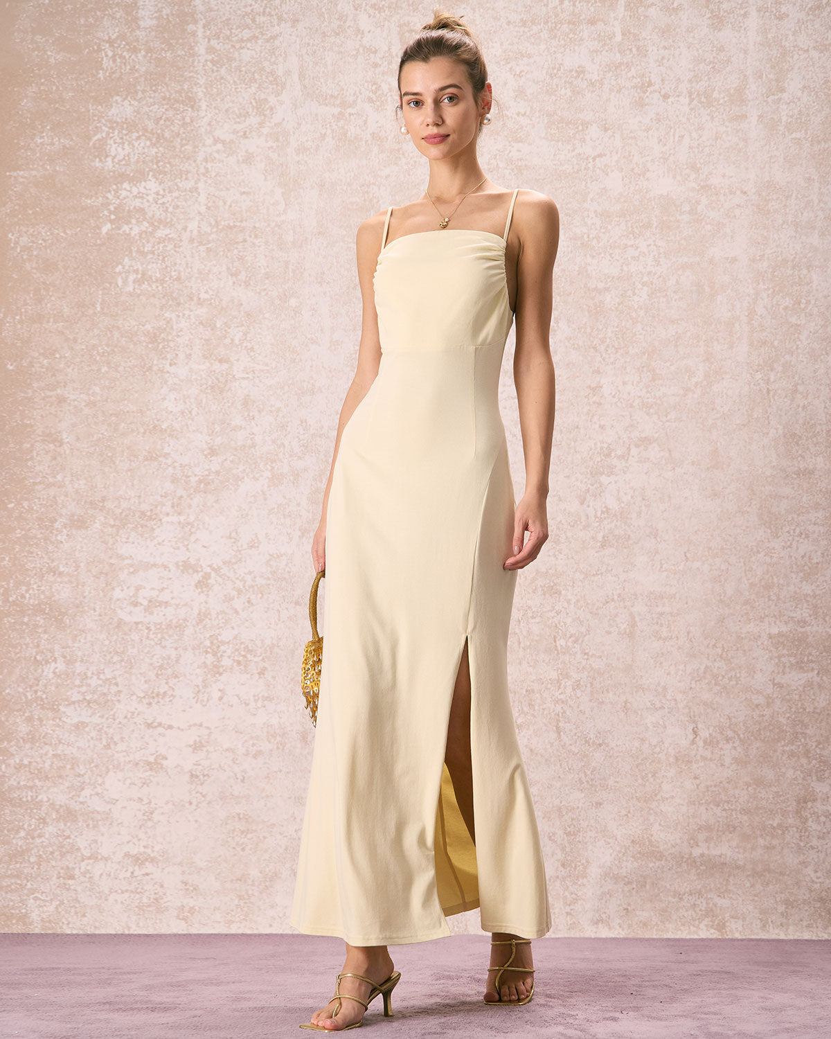 The Yellow Ruched Backless Slip Maxi Dress