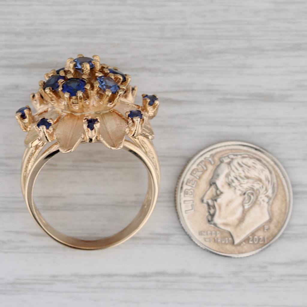 Lab Created Blue Sapphire Flower Cluster Ring 14k Yellow Gold Cocktail Size 7.5