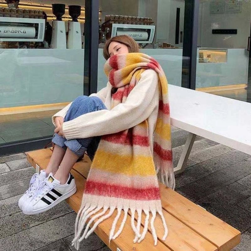Rainbow Plaid Scarf Women's Autumn And Winter Thickened Mohair Student Couple Contrast Color Matching Thickened
