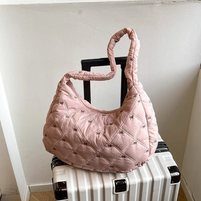 Women's Nylon Bow Knot Classic Style Dumpling Shape Zipper Shoulder Bag